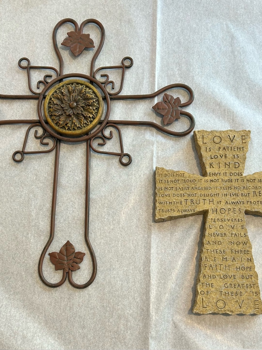 Two crosses wall decor. Floral metal cross & stone-like cross with love verse.